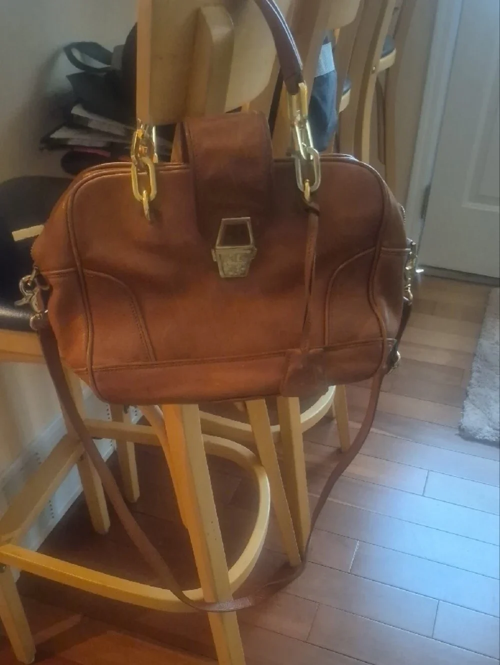 Tory Burch Cognac Brown Leather Crossbody Satchel with Gold Hardware